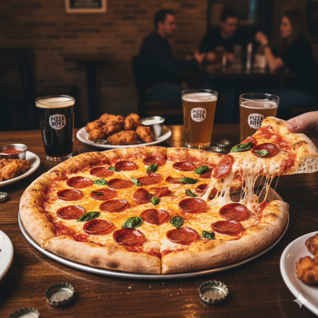 Delicious pepperoni pizza with melted cheese and drinks.