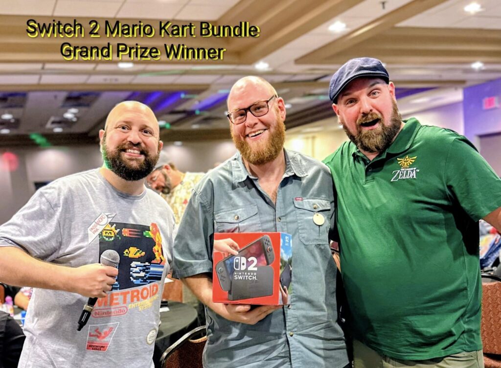 Three men celebrate Nintendo Switch prize win.