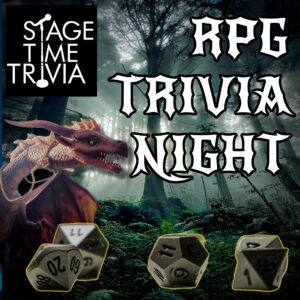 Dragon RPG trivia night with dice and forest.