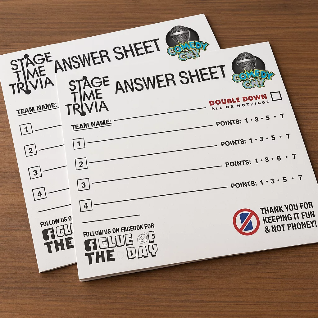 Stage Time Trivia answer sheets on a table.