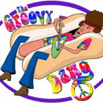 Cartoon hippie hotdog playing guitar, colorful logo design.