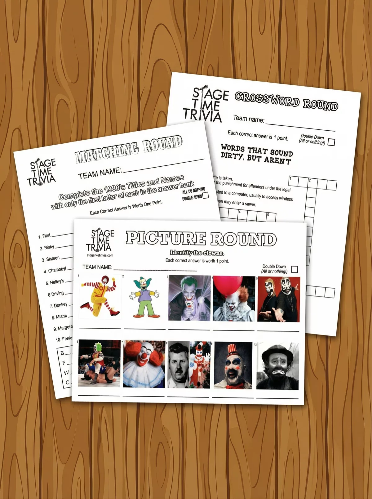 Trivia game sheets with clown images and word puzzles.