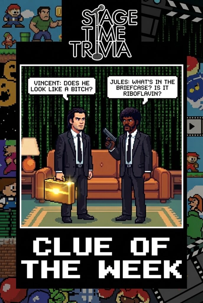 Pixelated trivia homage to famous film scene.
