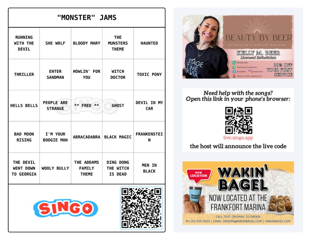 Monster jams bingo card with songs.