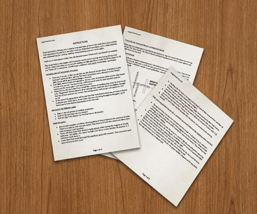 Three instruction sheets on a wooden table.