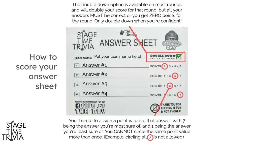 Trivia answer sheet instructions with double down option.