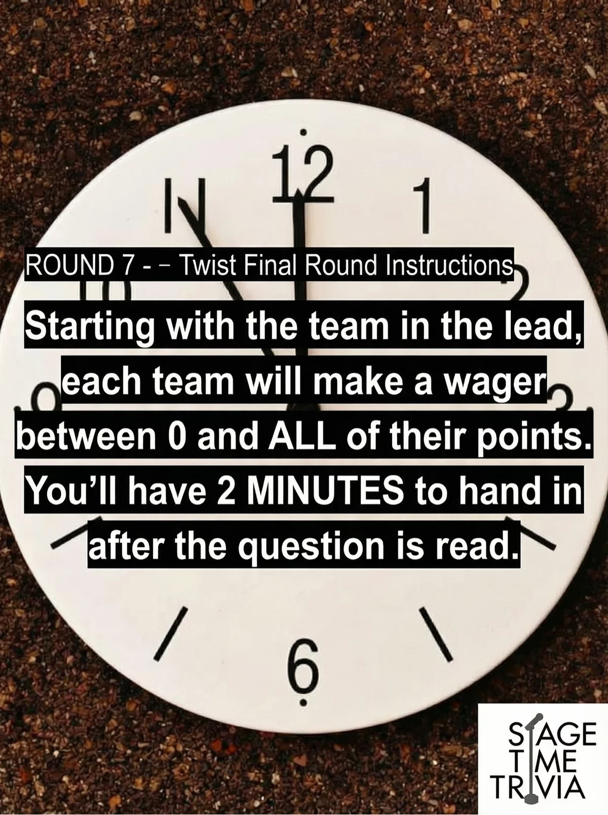 Trivia final round instructions on clock background.