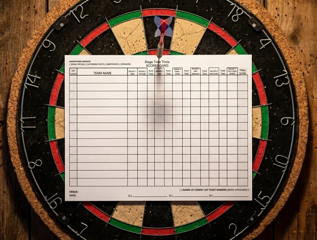 Trivia scoreboard on dartboard with dart.