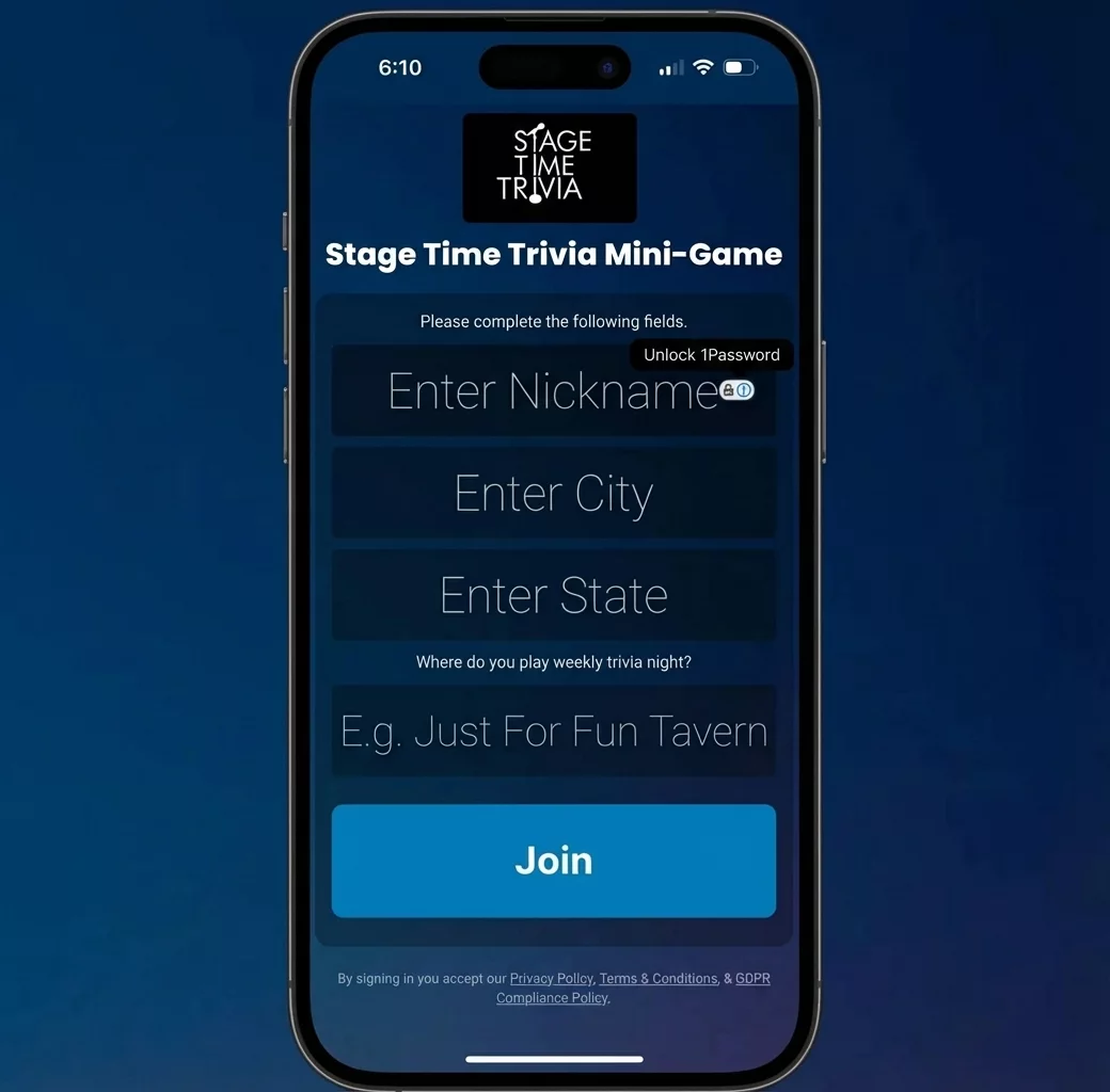 Stage Time Trivia mobile game signup screen