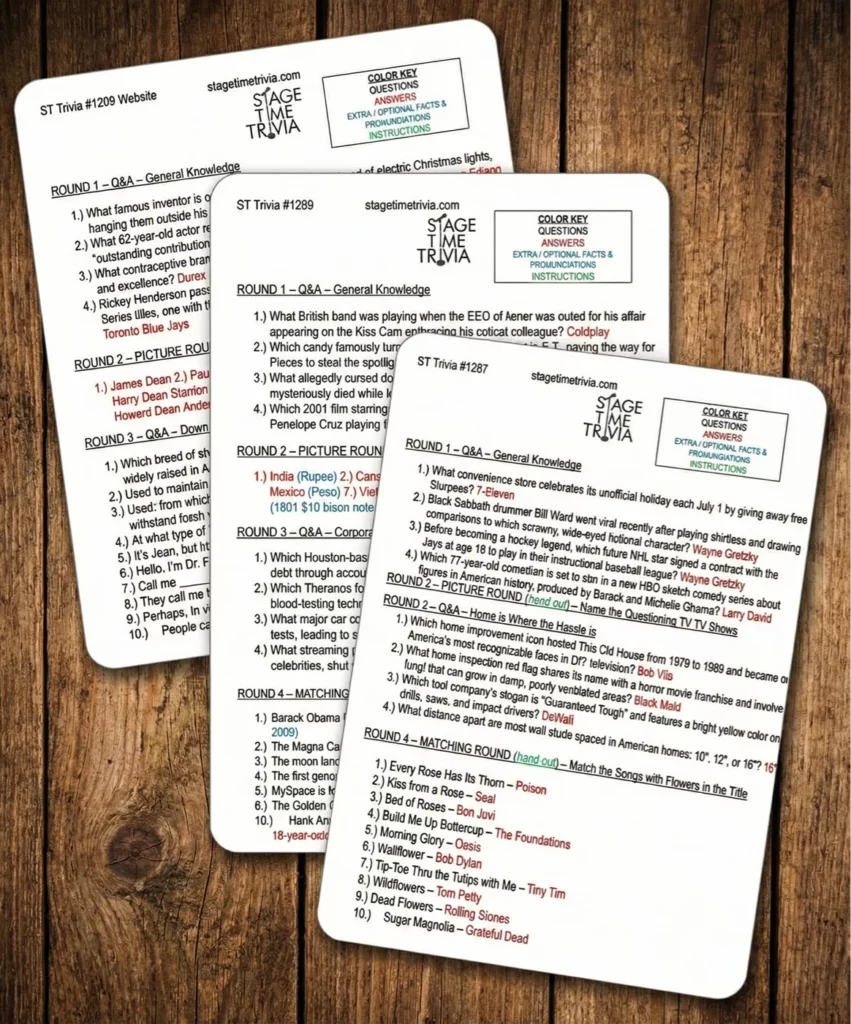 Trivia game cards with questions and answers on table.