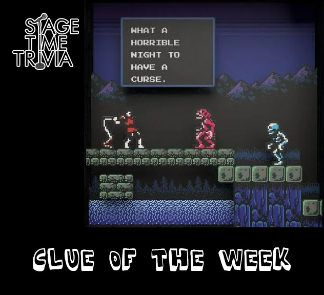 Retro game scene with characters and text dialogue.