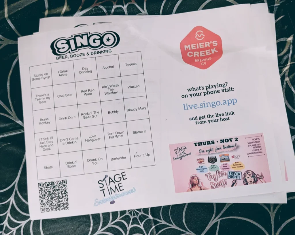 Singo bingo card with drink-themed words.