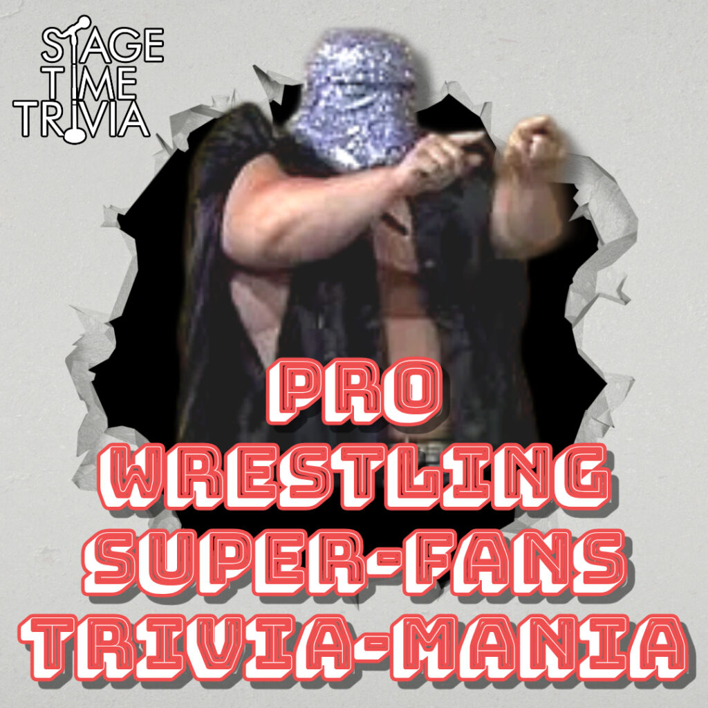 Pro wrestling trivia event poster with masked wrestler.