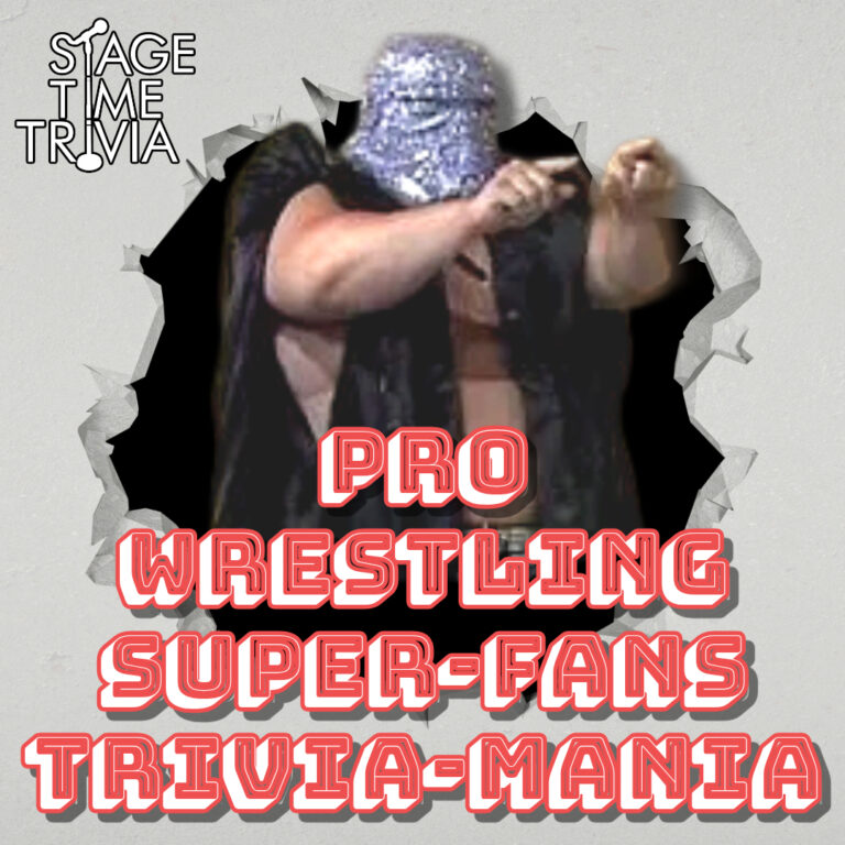 Pro wrestling trivia event poster with masked wrestler.